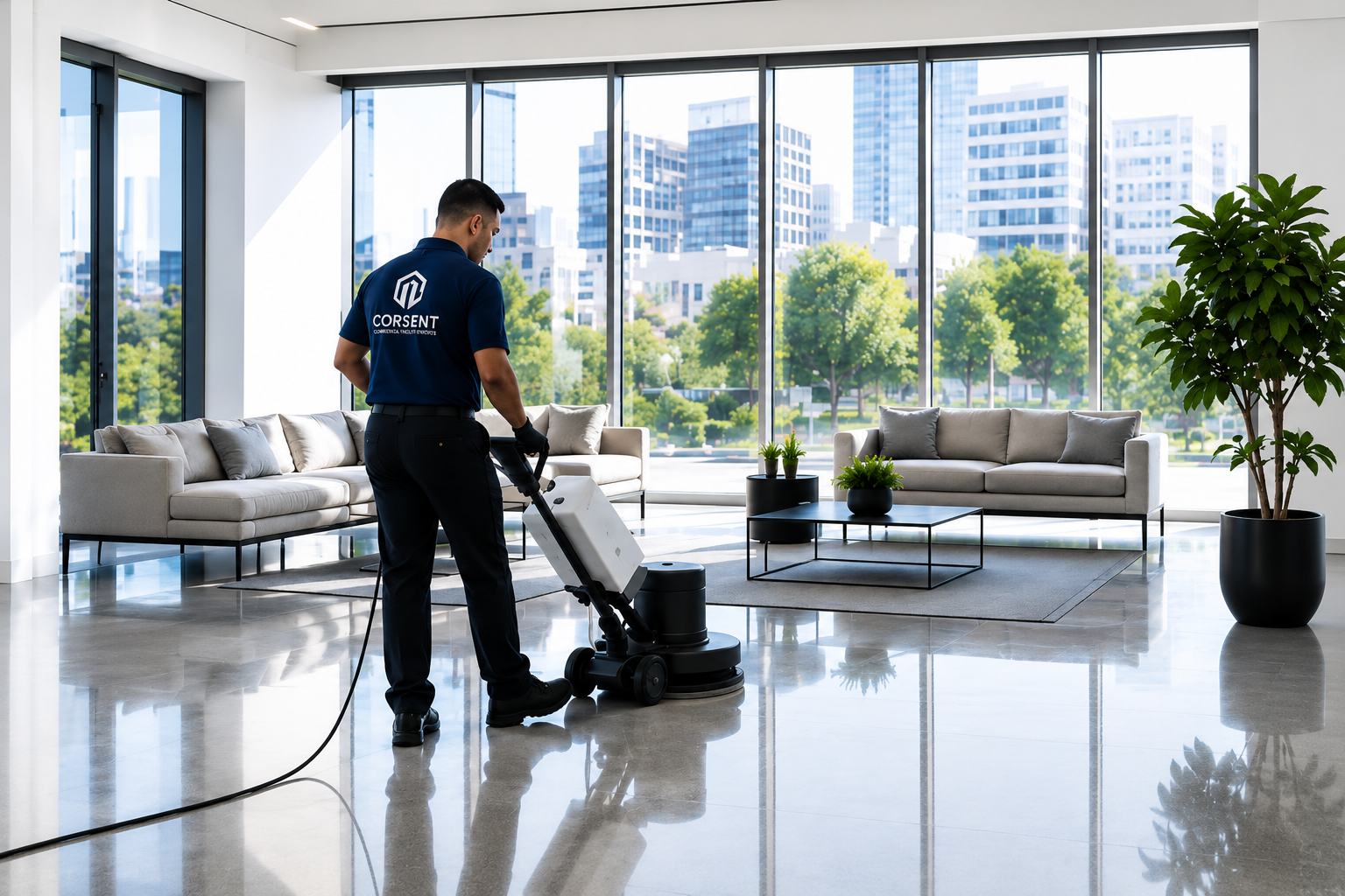 Corsent technician polishing a commercial lobby floor